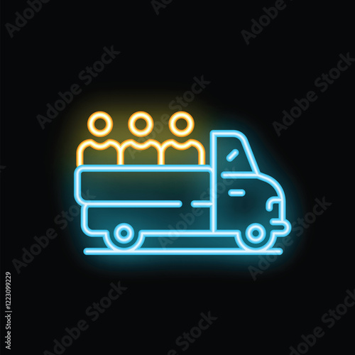 Glowing neon line icon of a truck transporting people, illustrating the concept of human trafficking