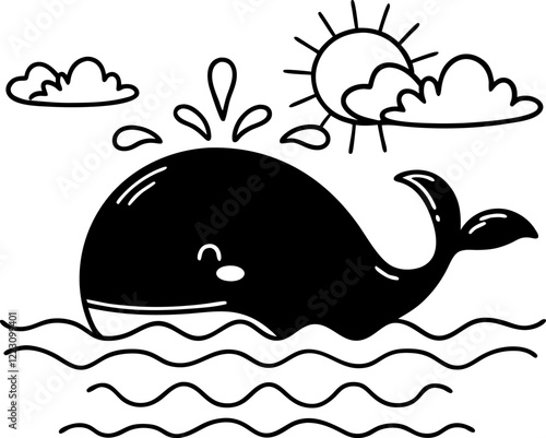 Happy whale splashing in the ocean with sun and clouds, playful marine illustration, kids' art, ocean life theme