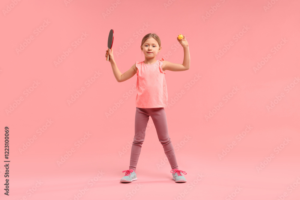 Cute little girl with ping pong racket and ball on pink background Cute little girl with ping pong racket and ball on pink background