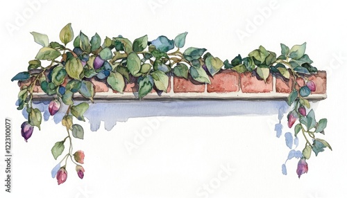 A vibrant watercolor illustration of lush green leaves cascading over a brick ledge