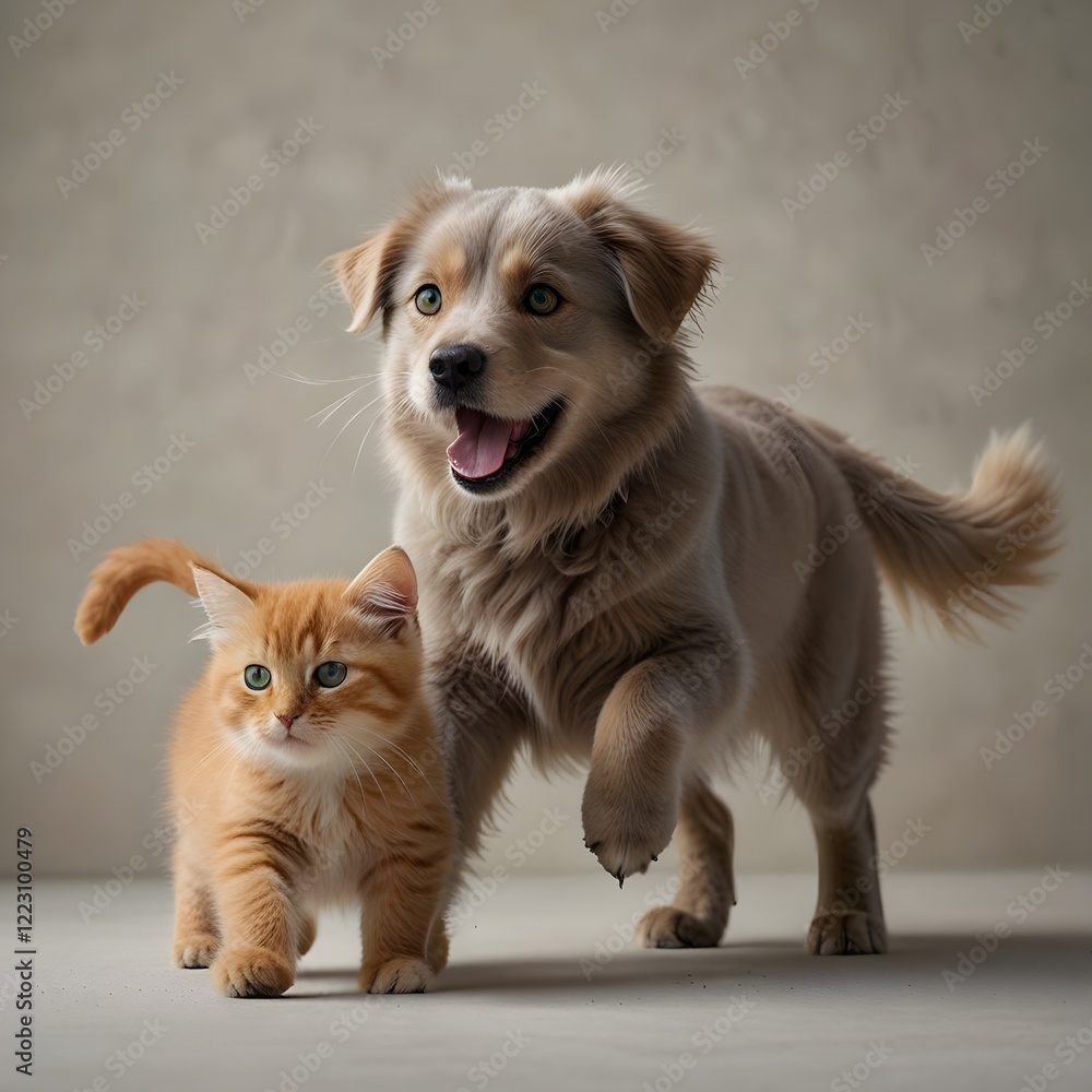 A close-up of a golden retriever and orange tabby cat running side by side in an excited and joyful manner. The background is minimal, drawing attention to their playful expressions. A close-up of a golden retriever and orange tabby cat running side by side in an excited and joyful manner. The background is minimal, drawing attention to their playful expressions.