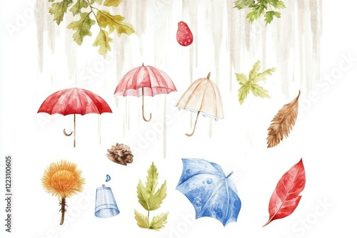 Colorful watercolor illustration of various umbrellas, leaves, and natural elements falling gently