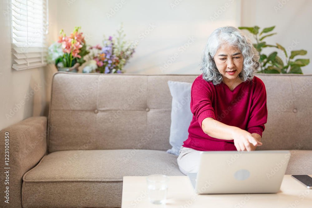 Mature adult 60s aged woman working at laptop watching video conference webinar training, virtual meeting. Business lady e learning online computer classes, typing, seniors and remote education. Mature adult 60s aged woman working at laptop watching video conference webinar training, virtual meeting. Business lady e learning online computer classes, typing, seniors and remote education.