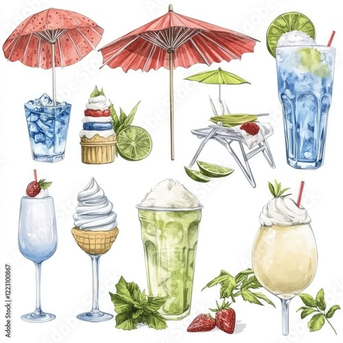 A vibrant collection of refreshing summer drinks and desserts under colorful umbrellas