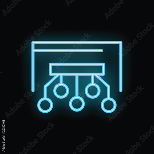 Blue neon icon of a machine learning algorithm processing data on a black background