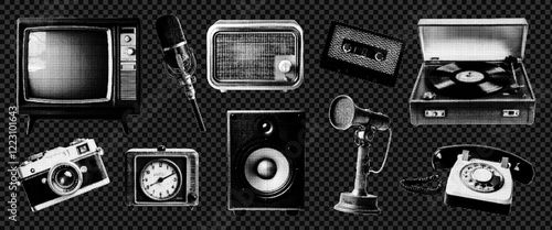 Vintage retro collage halftone elements old radio,  a microphone, old radio, antique telephone, record player, old TV, a film camera, a vintage clock, lanterns. Vector.