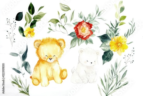 Cute watercolor illustration of a lion and bear cub surrounded by vibrant flowers and greenery