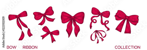 Bright red ribbon bows with grainy texture. Elegant accessories, holiday decor, hair clip hand drawn