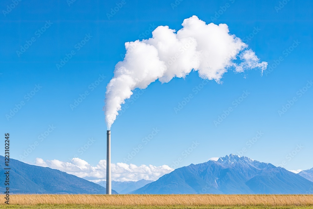 Industrial smokestack releasing white smoke against a clear blue sky with mountains in the background Industrial smokestack releasing white smoke against a clear blue sky with mountains in the background
