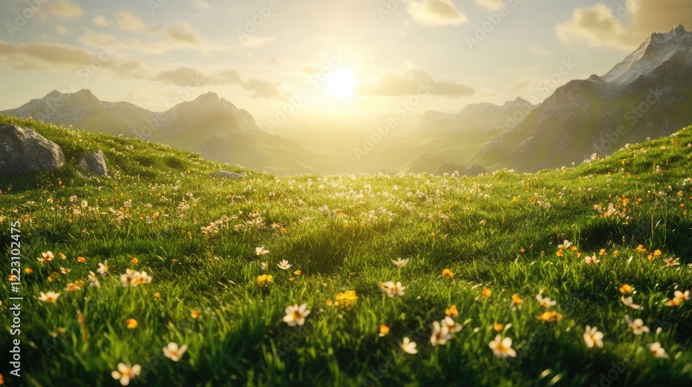 Fototapeta premium Grassy field with flowers and mountains