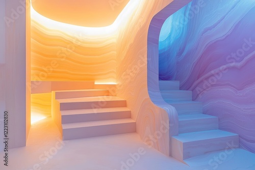 Vibrant staircase leading to a striking blue and orange wall  perfect for interior design inspiration