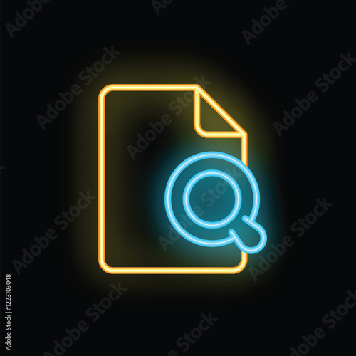 Glowing neon icon representing the concept of document analysis