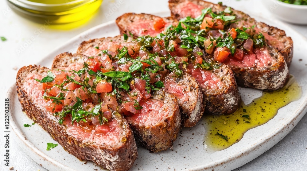 Slices of grilled meat topped with a fresh salsa, served on a plate with olive oil, garnished with herbs, showcasing a delicious culinary presentation. Slices of grilled meat topped with a fresh salsa, served on a plate with olive oil, garnished with herbs, showcasing a delicious culinary presentation.