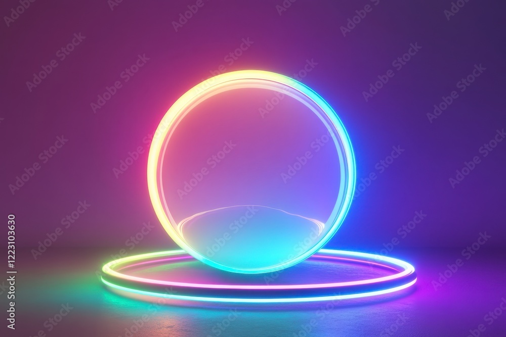 Colorful Neon Sphere on a Circular Base with Soft Gradient Background Colorful Neon Sphere on a Circular Base with Soft Gradient Background