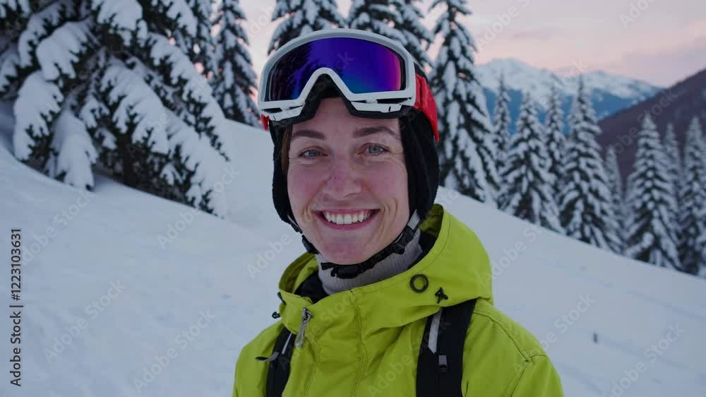 Smiling skier enjoying winter adventure in snowy mountains at sunset in a bright jacket with trees in the background Smiling skier enjoying winter adventure in snowy mountains at sunset in a bright jacket with trees in the background