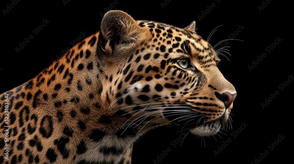 Majestic leopard portrait with vibrant fur and intense gaze on black background Majestic leopard portrait with vibrant fur and intense gaze on black background