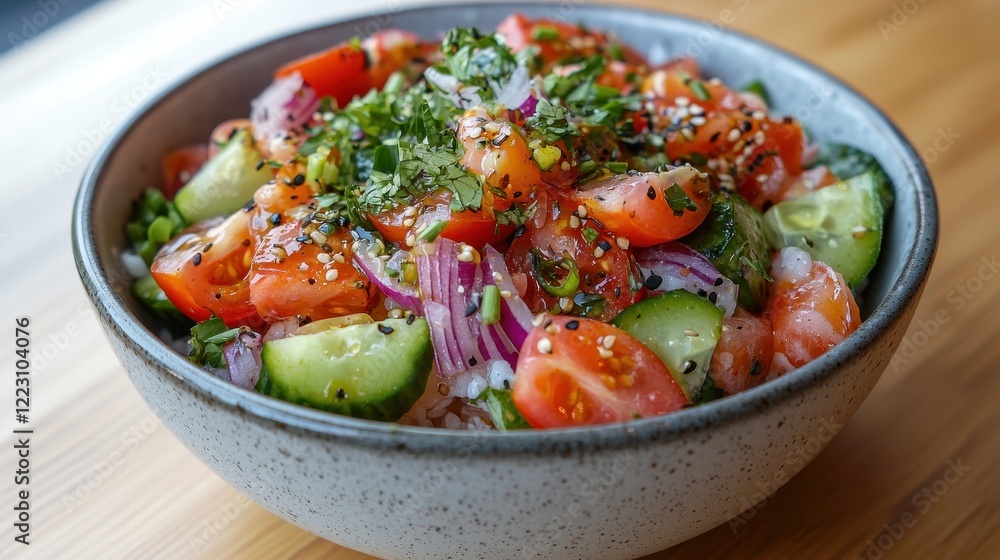 A vibrant bowl of fresh salad featuring tomatoes, cucumbers, onions, and herbs, garnished with sesame seeds for added flavor.