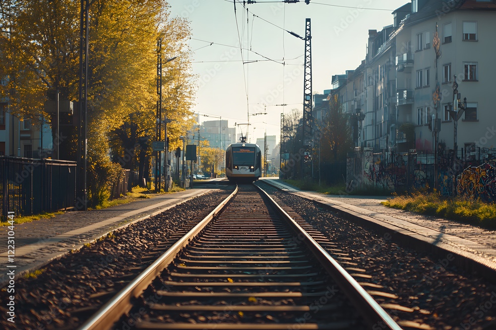 Fototapeta premium Railway Tracks and Power Lines in a Scenic Rural Landscape