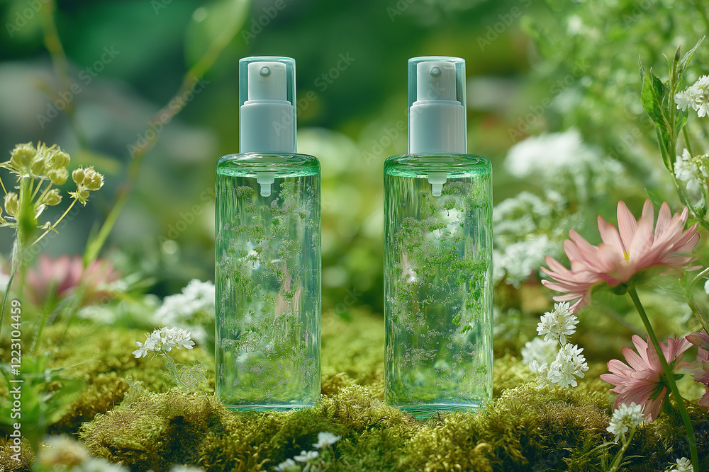 Two Green Spray Bottles on Moss with Flowers in a Natural Setting Two Green Spray Bottles on Moss with Flowers in a Natural Setting