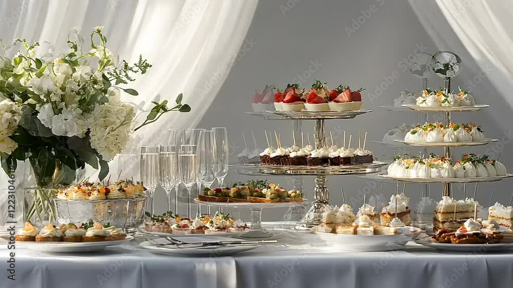 Elegant Dessert Buffet with White Flowers and Champagne Flutes Elegant Dessert Buffet with White Flowers and Champagne Flutes
