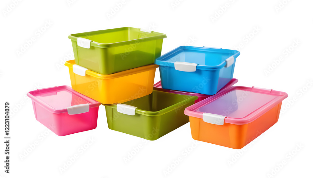 Fototapeta premium A multicolored plastic box placed over a white background