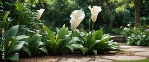 Cala Lily in a garden with lush greenery and foliage, garden flowers, springtime flowers, calca lily photo