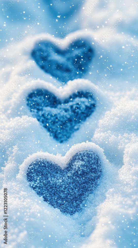 Fototapeta premium Seamless pattern of love heart footprints in snow with delicate heart shapes. Set against a light blue snowy background for a cozy, romantic, wintery feel.