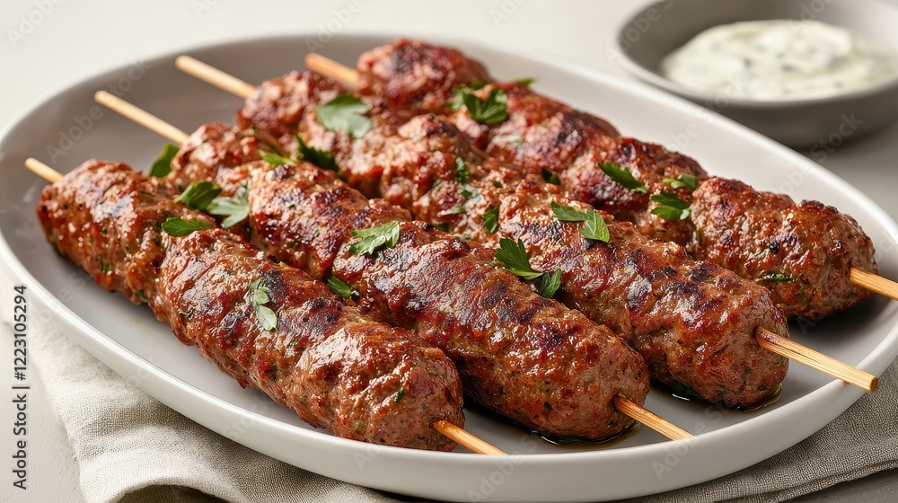 Grilled kebabs skewered and garnished with herbs, served on a platter alongside a bowl of creamy dipping sauce. Grilled kebabs skewered and garnished with herbs, served on a platter alongside a bowl of creamy dipping sauce.
