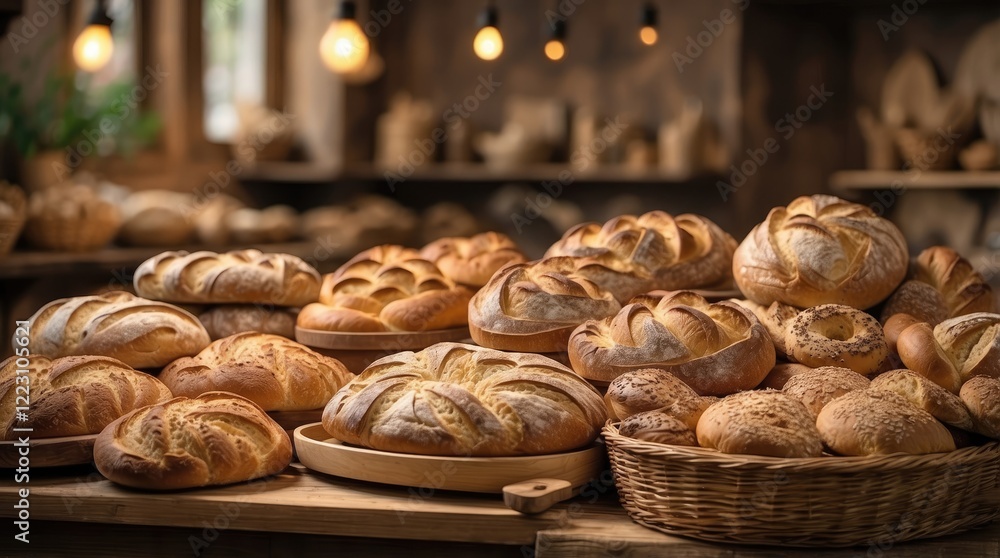 Shelves filled with an assortment of freshly baked loaves of bread. Shelves filled with an assortment of freshly baked loaves of bread.
