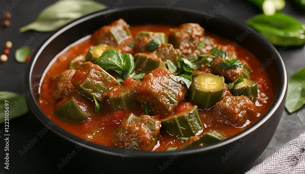 Tasty stew with okra, tomato sauce and basil on table, closeup Tasty stew with okra, tomato sauce and basil on table, closeup