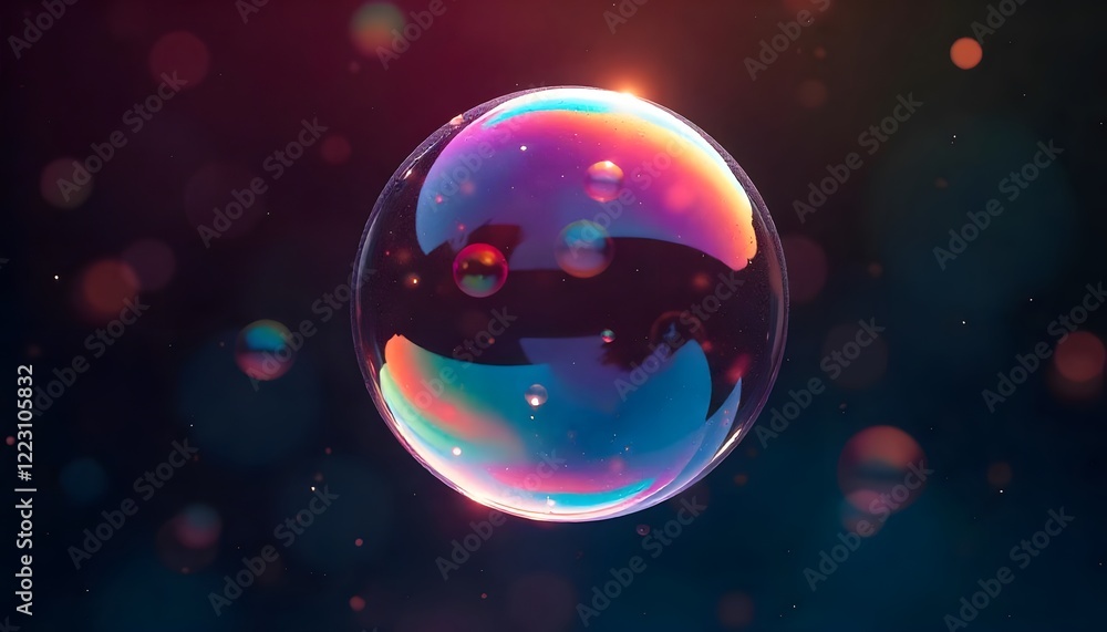 A mesmerizing iridescent soap bubble floating against a dark abstract background A mesmerizing iridescent soap bubble floating against a dark abstract background