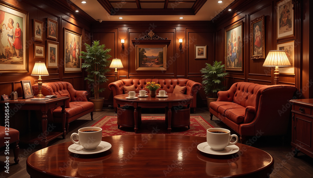 Cozy theater cafe with warm lighting and plush seating, inviting ambiance Cozy theater cafe with warm lighting and plush seating, inviting ambiance