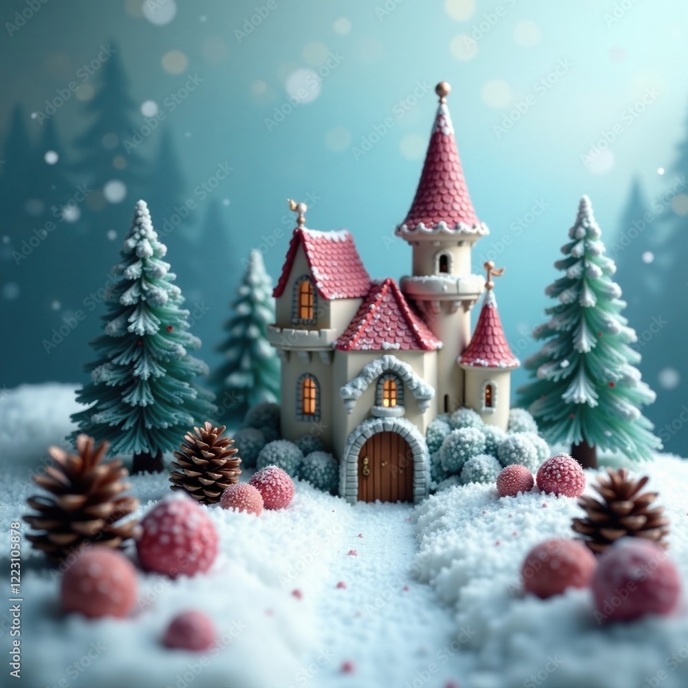 pinecones scattered around a miniature castle, icy, frosty trees, snowy landscape pinecones scattered around a miniature castle, icy, frosty trees, snowy landscape