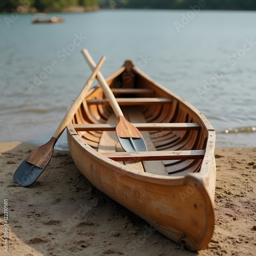 a wooden canoe resting on a sandy riverbank with paddles lying across its seat