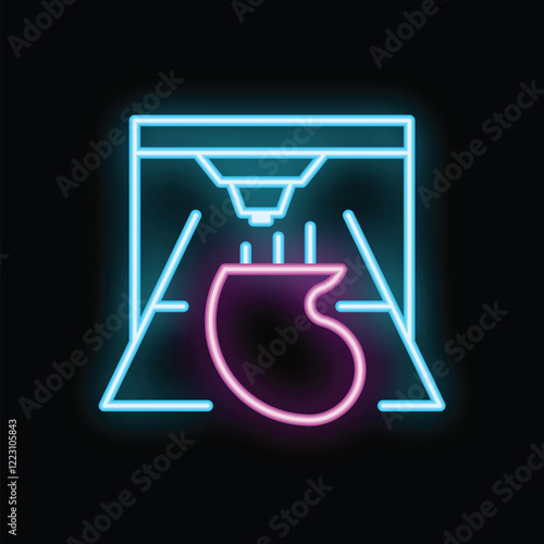Neon sign representing a 3d printer printing a human heart, evoking the future of medicine and organ transplantation