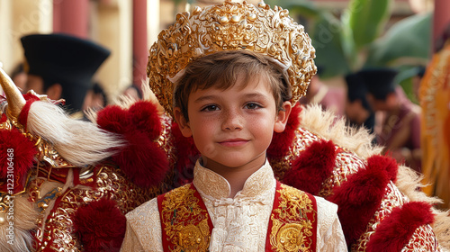 Young Boy in Traditional Golden Headdress at a Cultural Festival photo