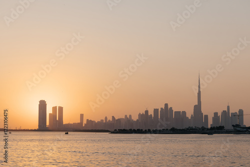 Photography City view of Dubai at sunset.