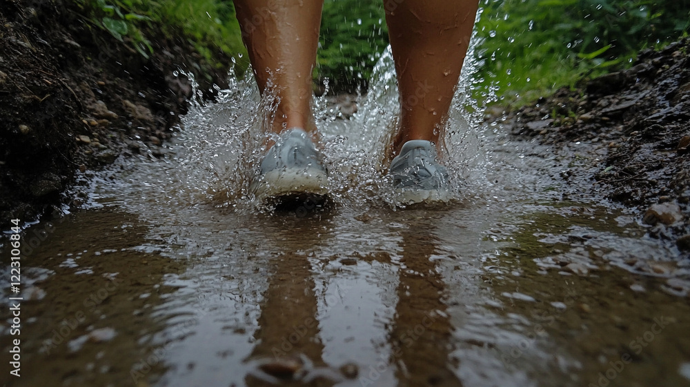 Feet splashing in puddle on rainy day, creating joyful water droplets Feet splashing in puddle on rainy day, creating joyful water droplets