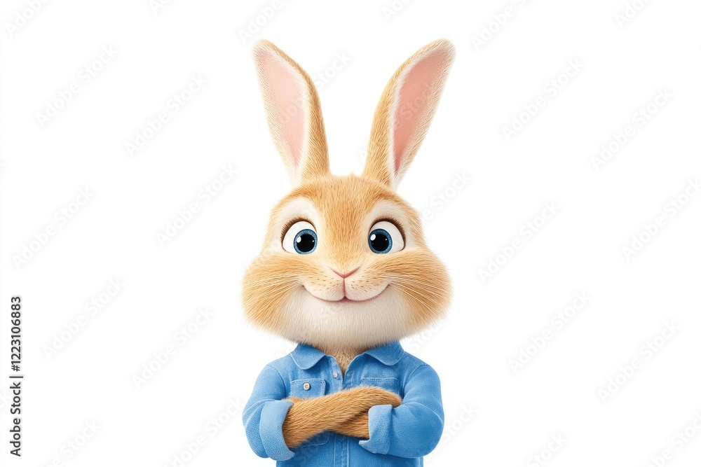 Fototapeta premium Cartoon rabbit character with a friendly expression, wearing a blue shirt, standing confidently