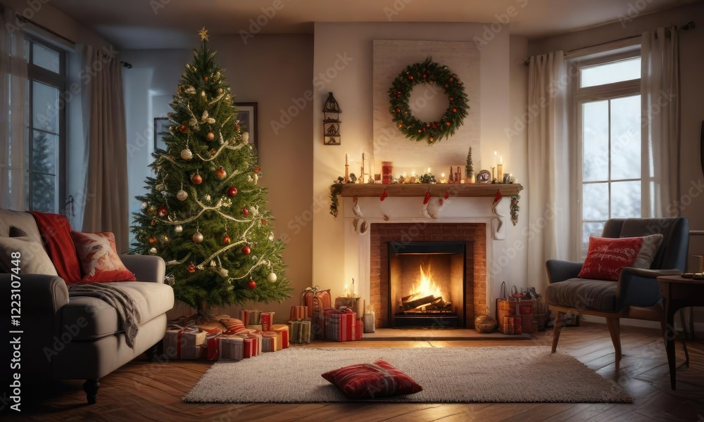 Christmas tree in a cozy living room with stockings hung by the chimney, cozy living room, warm fireplace