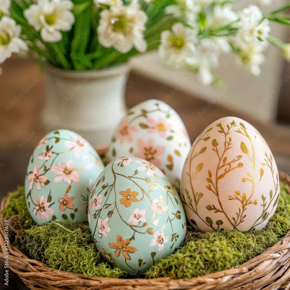 Fototapeta premium Elegant Easter Eggs. Four pastel-colored Easter eggs with gold floral patterns in a moss-lined wicker basket, set against a spring floral background.