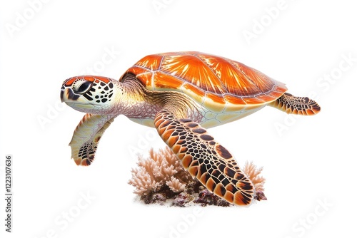 A vibrant sea turtle gracefully swimming above colorful coral in a clear ocean environment photo