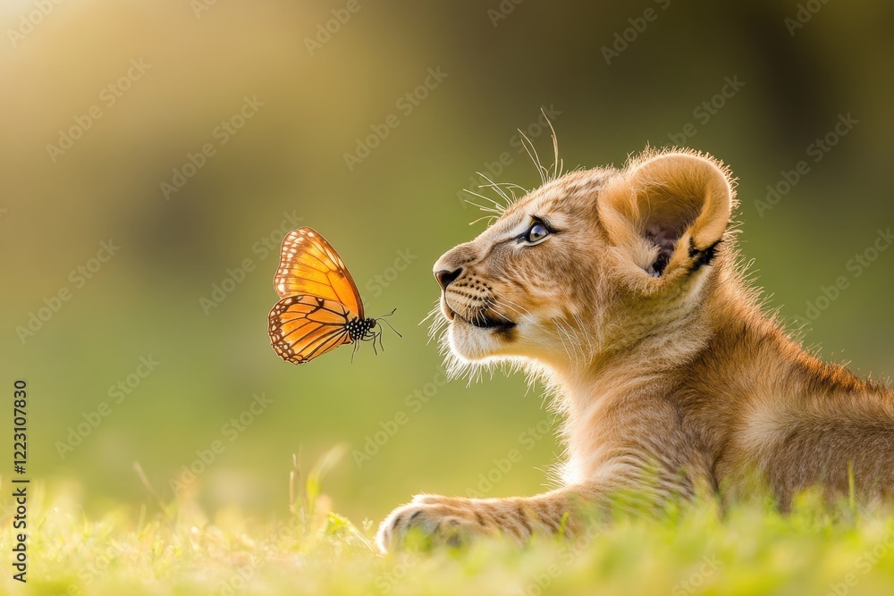 Obraz premium Adorable Lion Cub Curiously Gazing at a Beautiful Monarch Butterfly in a Serene Natural Setting with Soft Light and Gentle Grass Underneath