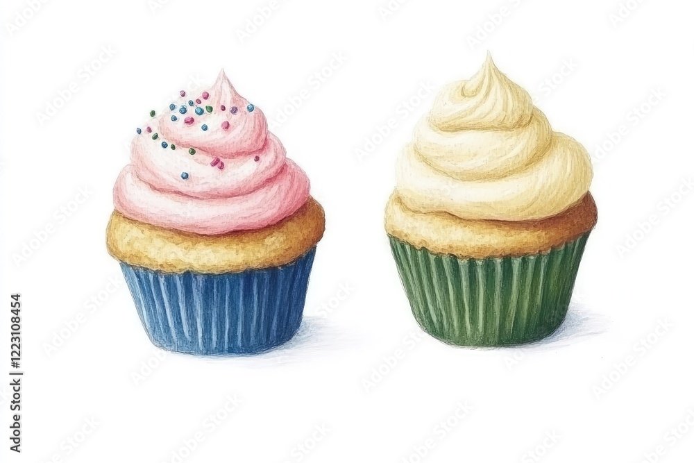 Two colorful cupcakes with frosting and sprinkles on a white background, ideal for dessert themes Two colorful cupcakes with frosting and sprinkles on a white background, ideal for dessert themes