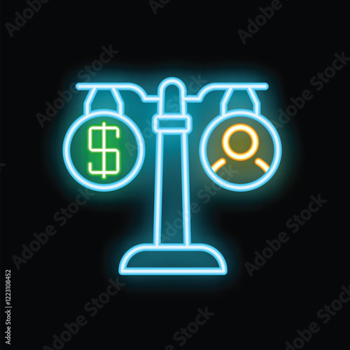 Glowing neon icon of scales balancing money and a person, symbolizing the concept of business ethics