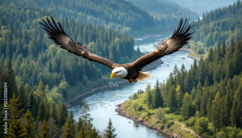Wallpaper Mural Bald eagle soaring over a river in a mountain landscape Torontodigital.ca