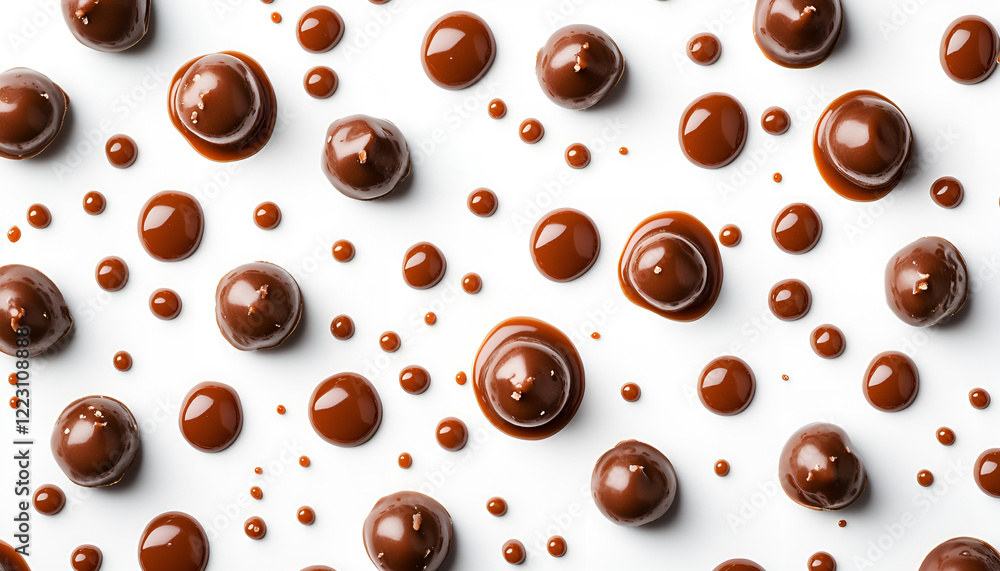 Fototapeta premium Sweet Caramel candies and syrup topping isolated on a white background. Creative layout made of caramel closeup. Flat lay. Food concept