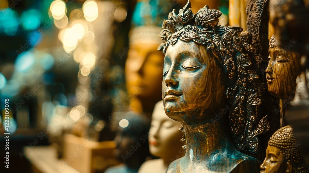 Obraz premium Golden Buddha statue surrounded by vibrant decor in warm light
