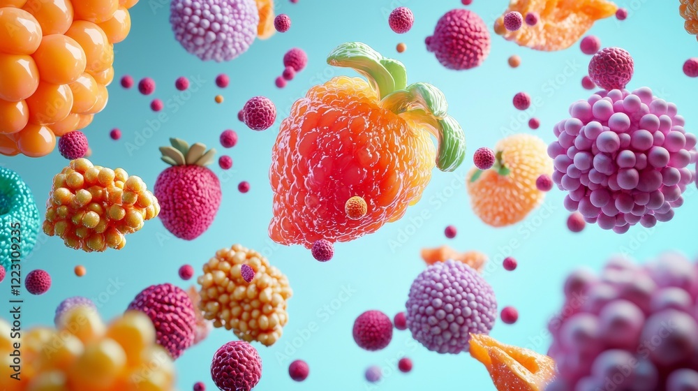 Vivid assortment of floating berries and citrus on a bright blue backdrop