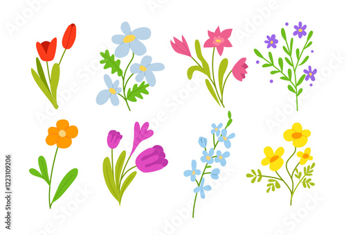 Wallpaper Mural Collection of spring colorful flowers. Hand drawn Floral and botanical elements set for decor, easter, sticker, clipart, print. Blossom vector illustration. Torontodigital.ca